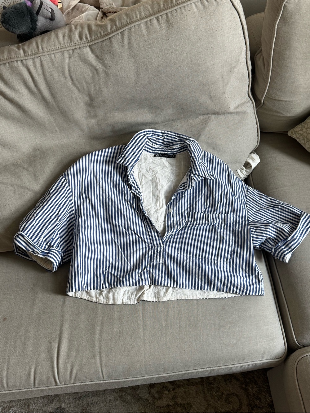 Zara Navy and White Striped Cropped Poplin Shirt - Picture 2 of 5
